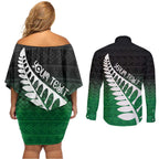 Green Silver Fern Spirit Taniko Tukutuku Personalised Couples Matching Off Shoulder Short Dress and Long Sleeve Button Shirt