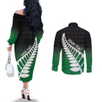 Green Silver Fern Spirit Taniko Tukutuku Personalised Couples Matching Off The Shoulder Long Sleeve Dress and Long Sleeve Button Shirt