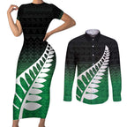 Green Silver Fern Spirit Taniko Tukutuku Personalised Couples Matching Short Sleeve Bodycon Dress and Long Sleeve Button Shirt