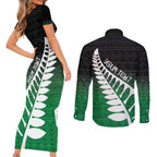 Green Silver Fern Spirit Taniko Tukutuku Personalised Couples Matching Short Sleeve Bodycon Dress and Long Sleeve Button Shirt