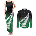 Green Silver Fern Spirit Taniko Tukutuku Personalised Couples Matching Tank Maxi Dress and Long Sleeve Button Shirt