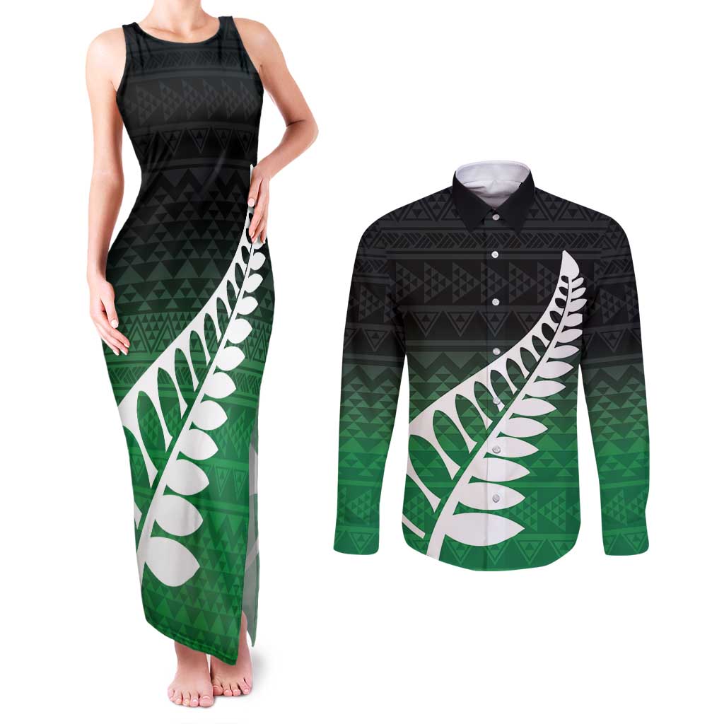 Green Silver Fern Spirit Taniko Tukutuku Personalised Couples Matching Tank Maxi Dress and Long Sleeve Button Shirt