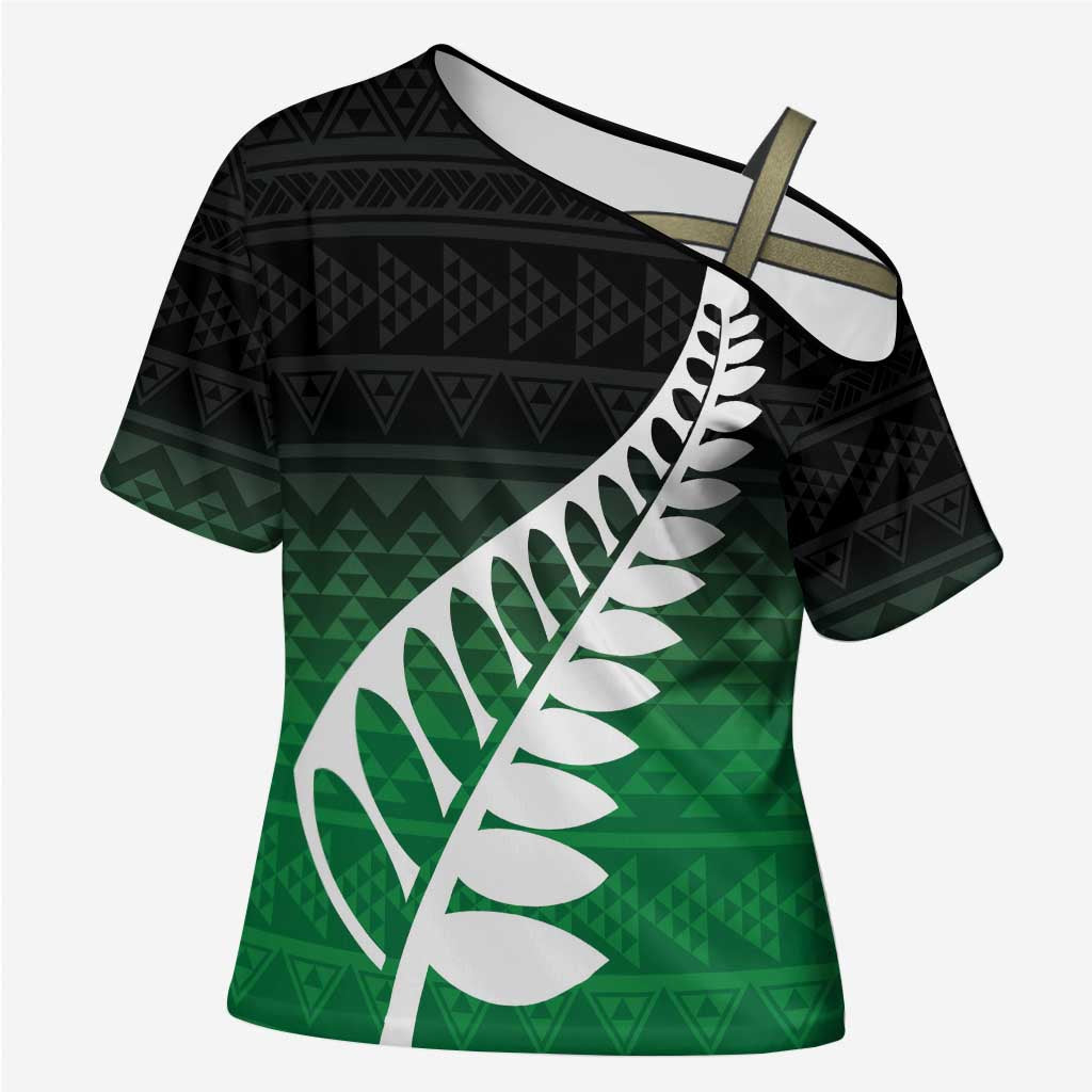 Green Silver Fern Spirit Taniko Tukutuku Personalised Cross Shoulder Shirt - Aussie Hoodie