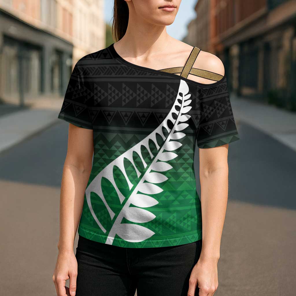 Green Silver Fern Spirit Taniko Tukutuku Personalised Cross Shoulder Shirt - Aussie Hoodie
