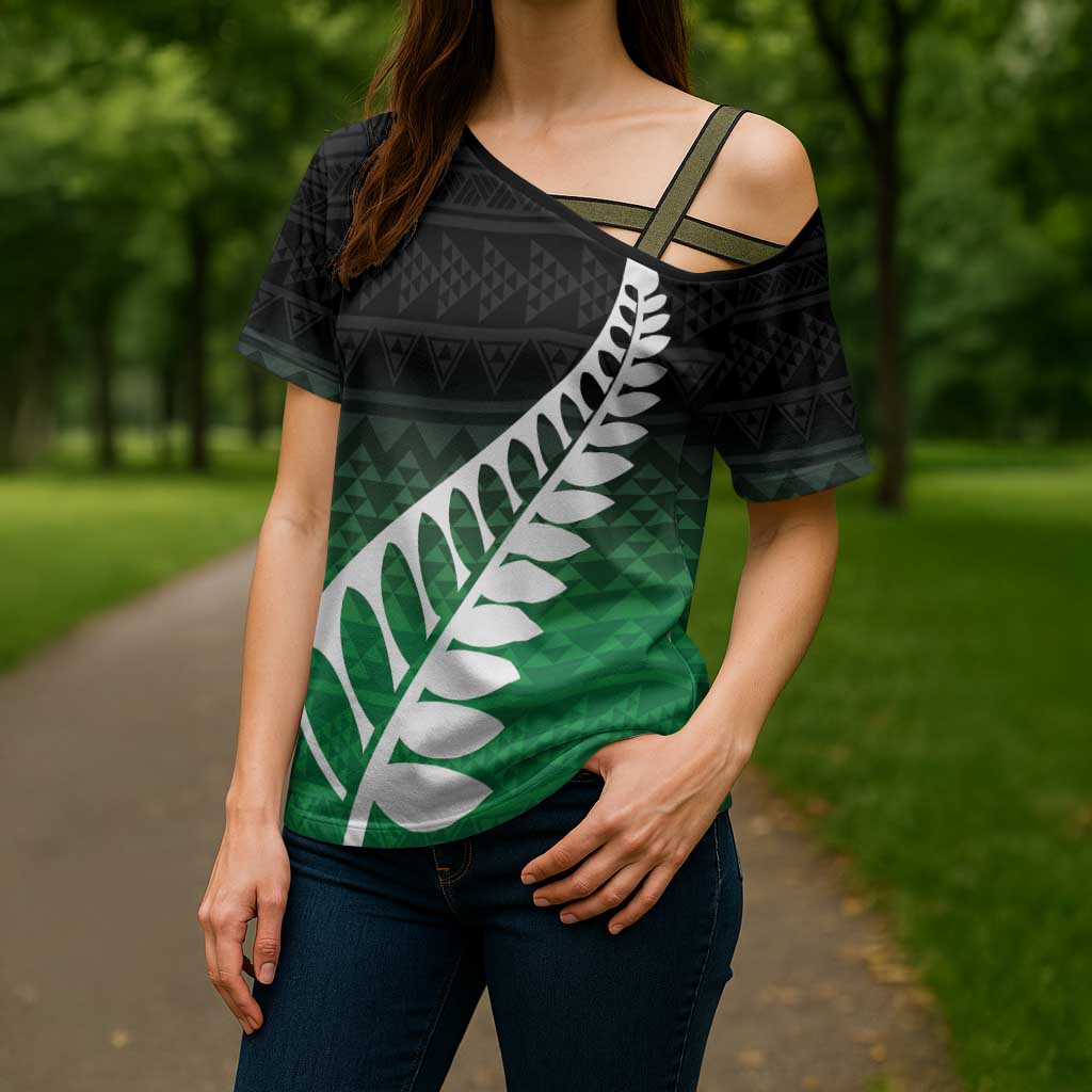 Green Silver Fern Spirit Taniko Tukutuku Personalised Cross Shoulder Shirt - Aussie Hoodie