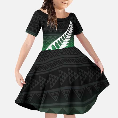 Green Silver Fern Spirit Taniko Tukutuku Personalised Family Matching Off Shoulder Maxi Dress and Hawaiian Shirt