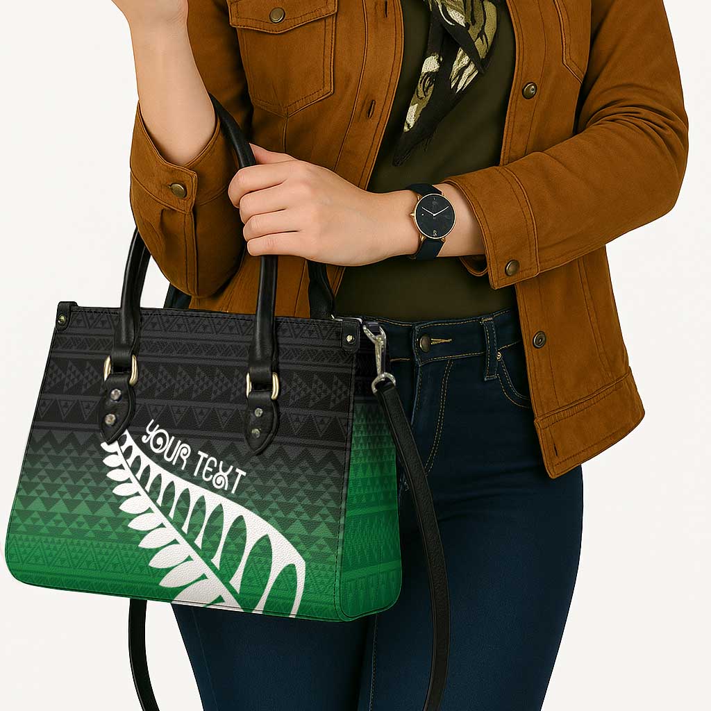 Green Silver Fern Spirit Taniko Tukutuku Personalised Leather Bag - Aussie Hoodie