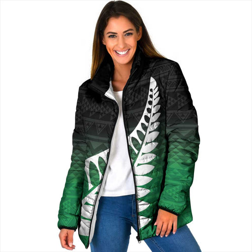 Green Silver Fern Spirit Taniko Tukutuku Personalised Padded Jacket - Aussie Hoodie