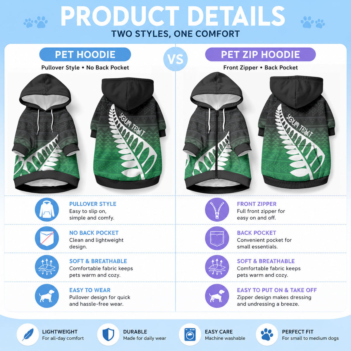 Green Silver Fern Spirit Taniko Tukutuku Personalised Pet Hoodie
