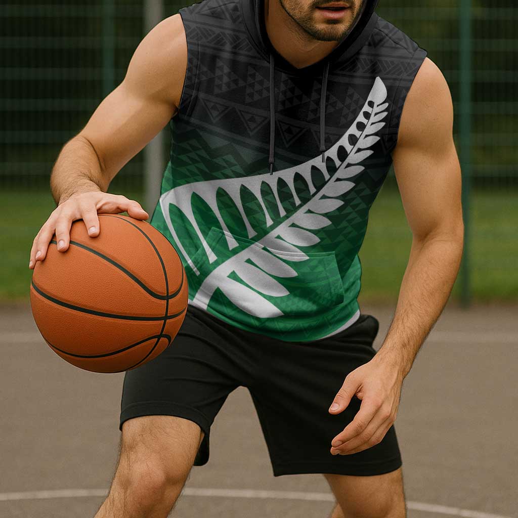 Green Silver Fern Spirit Taniko Tukutuku Personalised Sleeveless Hoodie - Aussie Hoodie