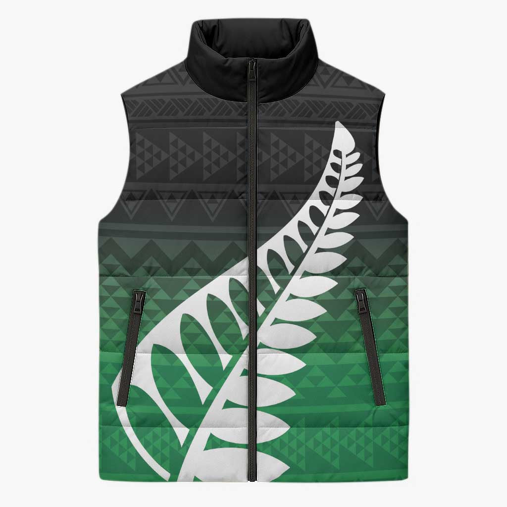 Green Silver Fern Spirit Taniko Tukutuku Personalised Sleeveless Puffer Jacket - Aussie Hoodie