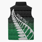 Green Silver Fern Spirit Taniko Tukutuku Personalised Sleeveless Puffer Jacket - Aussie Hoodie