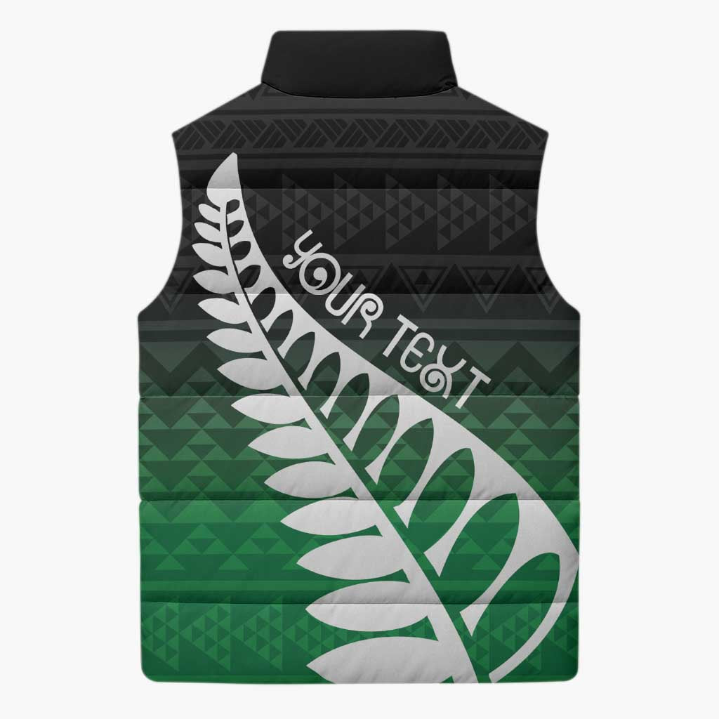 Green Silver Fern Spirit Taniko Tukutuku Personalised Sleeveless Puffer Jacket - Aussie Hoodie