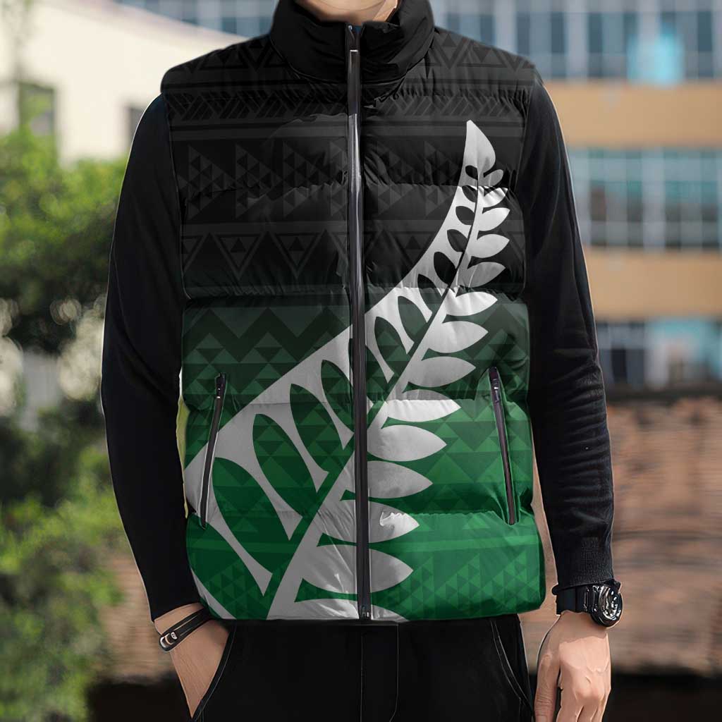Green Silver Fern Spirit Taniko Tukutuku Personalised Sleeveless Puffer Jacket - Aussie Hoodie