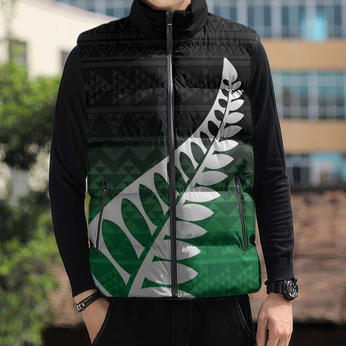 Green Silver Fern Spirit Taniko Tukutuku Personalised Sleeveless Puffer Jacket - Aussie Hoodie