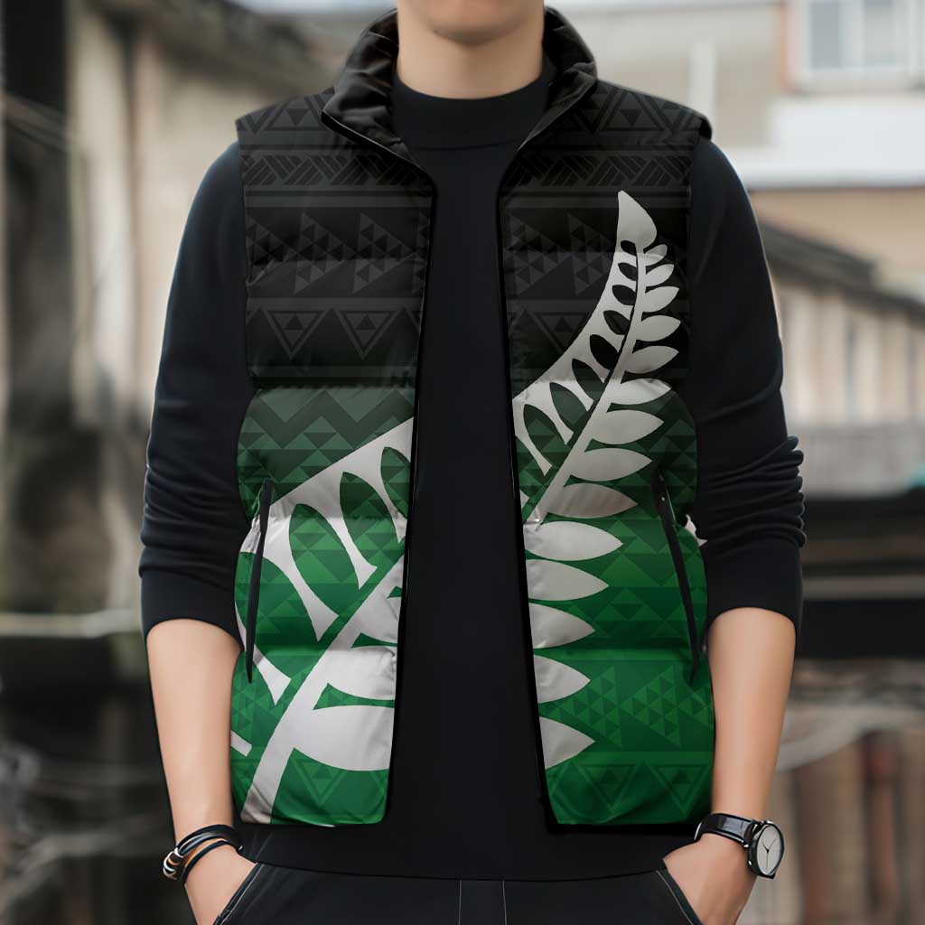 Green Silver Fern Spirit Taniko Tukutuku Personalised Sleeveless Puffer Jacket - Aussie Hoodie