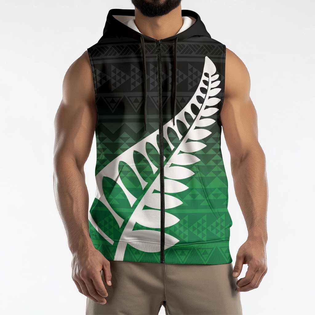 Green Silver Fern Spirit Taniko Tukutuku Personalised Sleeveless Zip Hoodie LT9