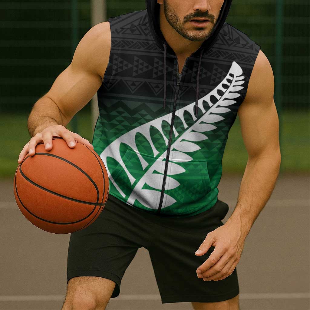 Green Silver Fern Spirit Taniko Tukutuku Personalised Sleeveless Zip Hoodie LT9
