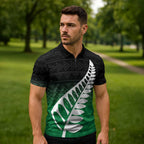Green Silver Fern Spirit Taniko Tukutuku Personalised Zipper Polo Shirt - Aussie Hoodie