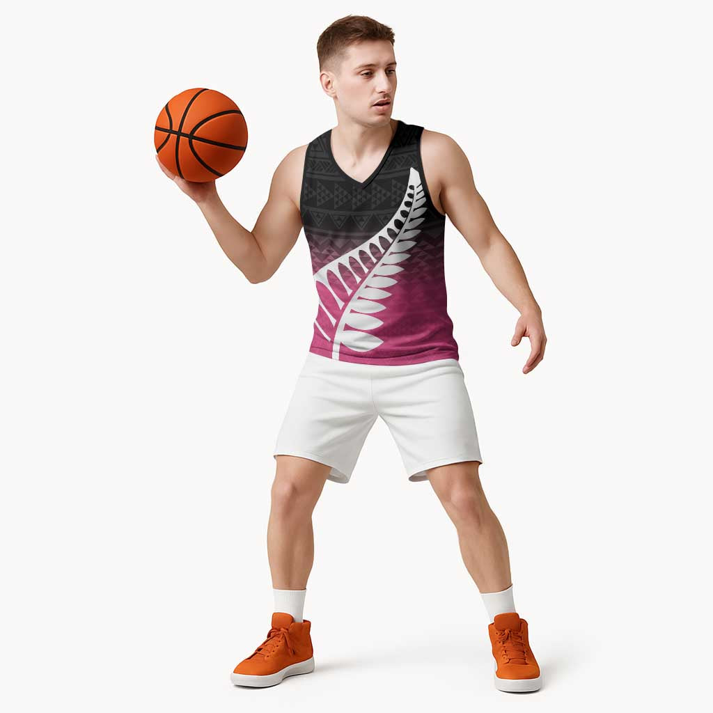 Pink Silver Fern Spirit Taniko Tukutuku Personalised Basketball Jersey - Aussie Hoodie