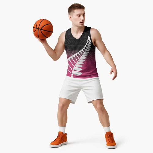 Pink Silver Fern Spirit Taniko Tukutuku Personalised Basketball Jersey - Aussie Hoodie
