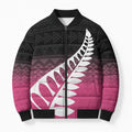 Pink Silver Fern Spirit Taniko Tukutuku Personalised Bomber Puffer Jacket - Aussie Hoodie