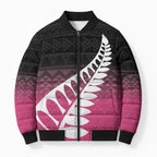 Pink Silver Fern Spirit Taniko Tukutuku Personalised Bomber Puffer Jacket - Aussie Hoodie