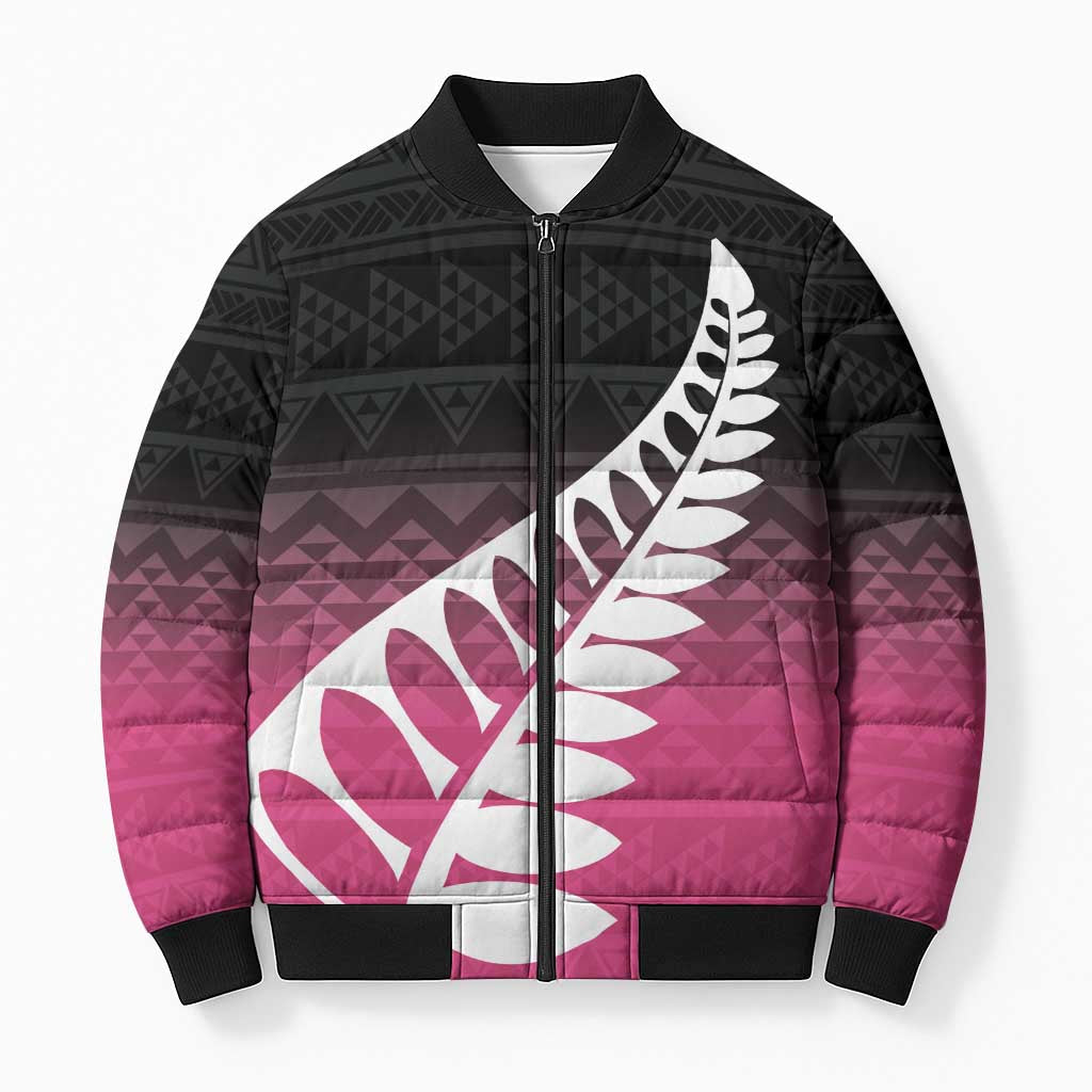 Pink Silver Fern Spirit Taniko Tukutuku Personalised Bomber Puffer Jacket - Aussie Hoodie