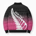 Pink Silver Fern Spirit Taniko Tukutuku Personalised Bomber Puffer Jacket - Aussie Hoodie
