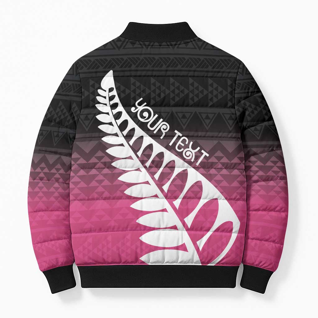 Pink Silver Fern Spirit Taniko Tukutuku Personalised Bomber Puffer Jacket - Aussie Hoodie