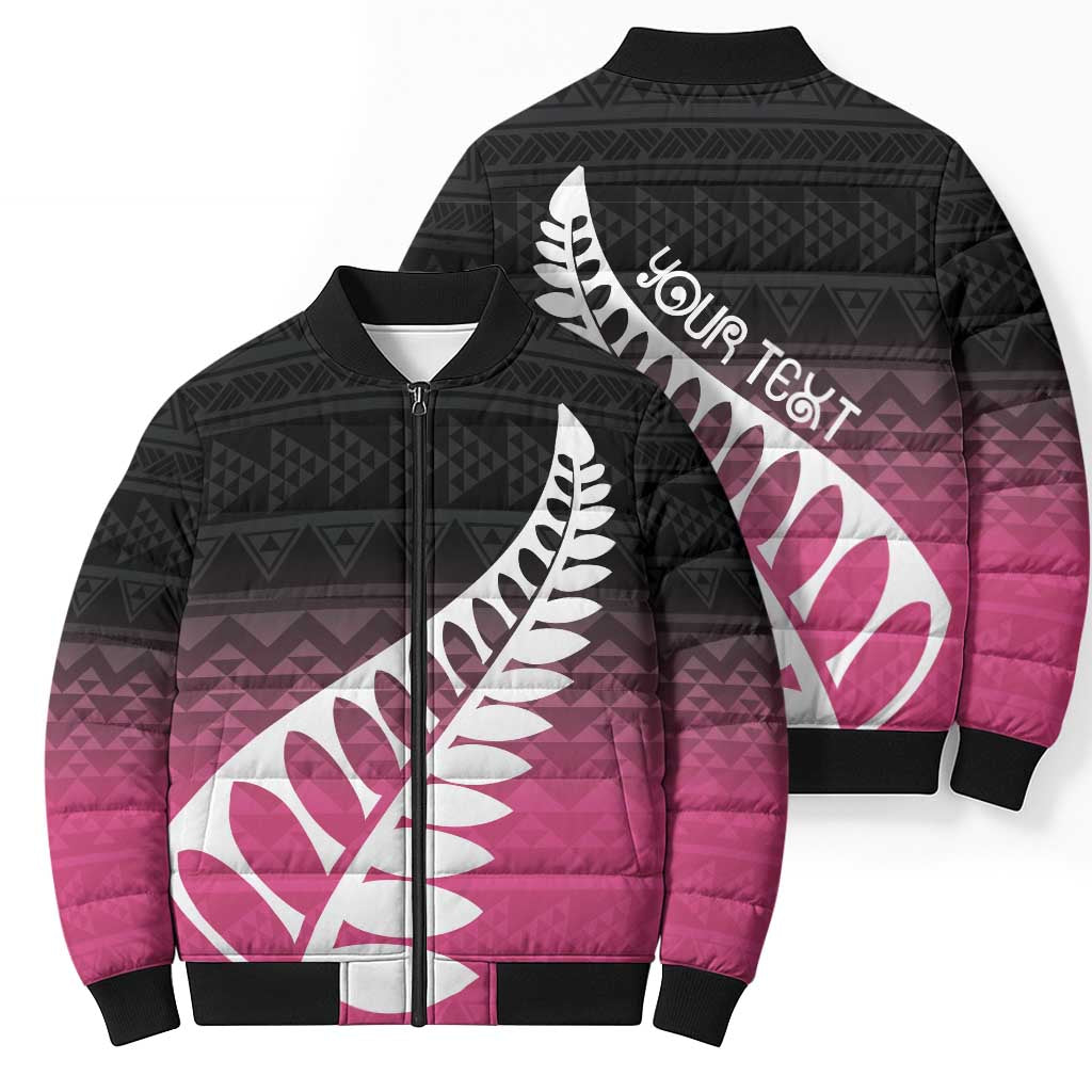 Pink Silver Fern Spirit Taniko Tukutuku Personalised Bomber Puffer Jacket - Aussie Hoodie