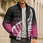 Pink Silver Fern Spirit Taniko Tukutuku Personalised Bomber Puffer Jacket - Aussie Hoodie