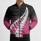 Pink Silver Fern Spirit Taniko Tukutuku Personalised Bomber Puffer Jacket - Aussie Hoodie
