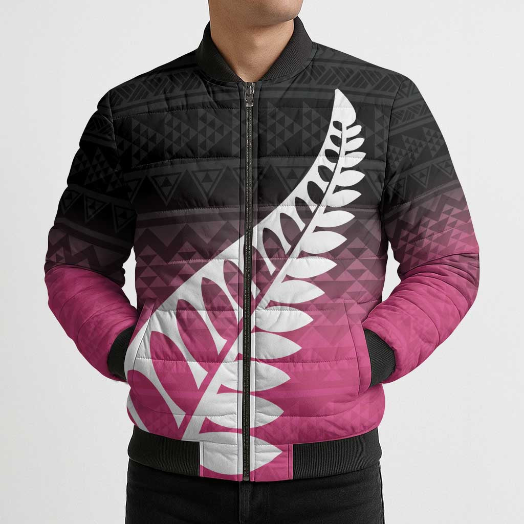 Pink Silver Fern Spirit Taniko Tukutuku Personalised Bomber Puffer Jacket - Aussie Hoodie
