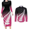Pink Silver Fern Spirit Taniko Tukutuku Personalised Couples Matching Long Sleeve Bodycon Dress and Long Sleeve Button Shirt