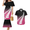 Pink Silver Fern Spirit Taniko Tukutuku Personalised Couples Matching Mermaid Dress and Hawaiian Shirt