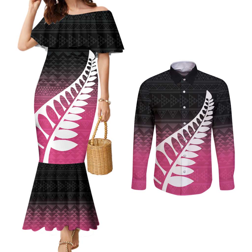 Pink Silver Fern Spirit Taniko Tukutuku Personalised Couples Matching Mermaid Dress and Long Sleeve Button Shirt