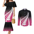 Pink Silver Fern Spirit Taniko Tukutuku Personalised Couples Matching Mermaid Dress and Long Sleeve Button Shirt