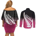 Pink Silver Fern Spirit Taniko Tukutuku Personalised Couples Matching Off Shoulder Short Dress and Long Sleeve Button Shirt