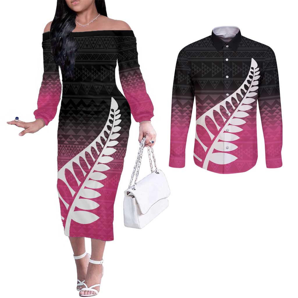 Pink Silver Fern Spirit Taniko Tukutuku Personalised Couples Matching Off The Shoulder Long Sleeve Dress and Long Sleeve Button Shirt