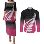 Pink Silver Fern Spirit Taniko Tukutuku Personalised Couples Matching Puletasi and Long Sleeve Button Shirt