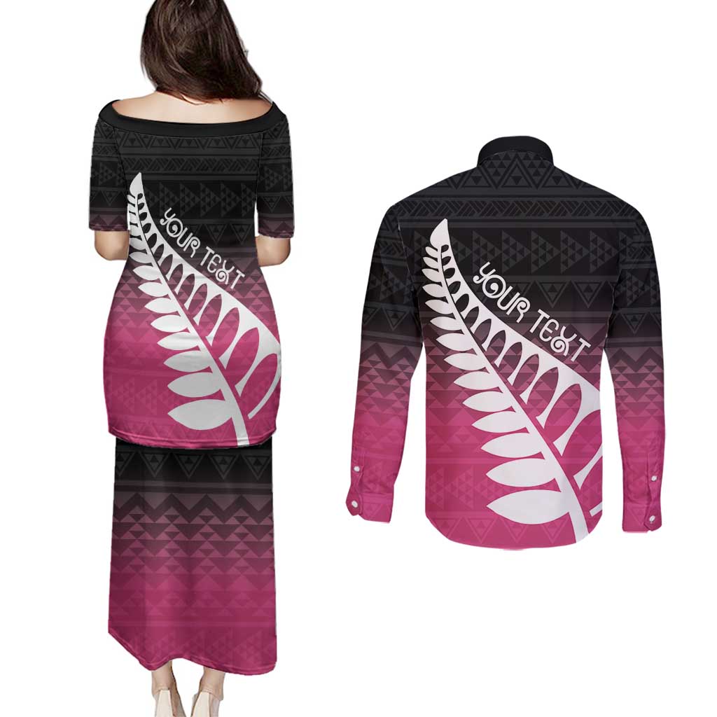 Pink Silver Fern Spirit Taniko Tukutuku Personalised Couples Matching Puletasi and Long Sleeve Button Shirt