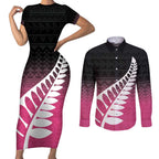 Pink Silver Fern Spirit Taniko Tukutuku Personalised Couples Matching Short Sleeve Bodycon Dress and Long Sleeve Button Shirt