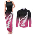 Pink Silver Fern Spirit Taniko Tukutuku Personalised Couples Matching Tank Maxi Dress and Long Sleeve Button Shirt