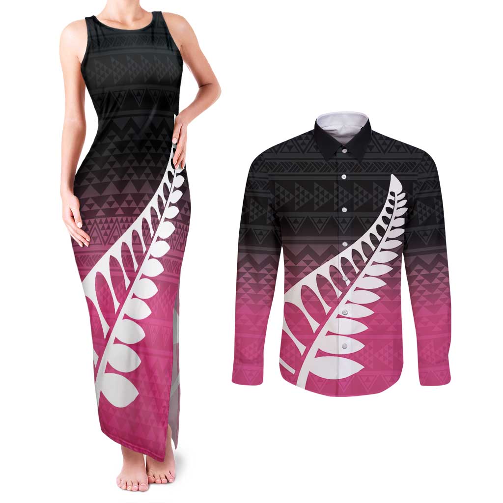 Pink Silver Fern Spirit Taniko Tukutuku Personalised Couples Matching Tank Maxi Dress and Long Sleeve Button Shirt