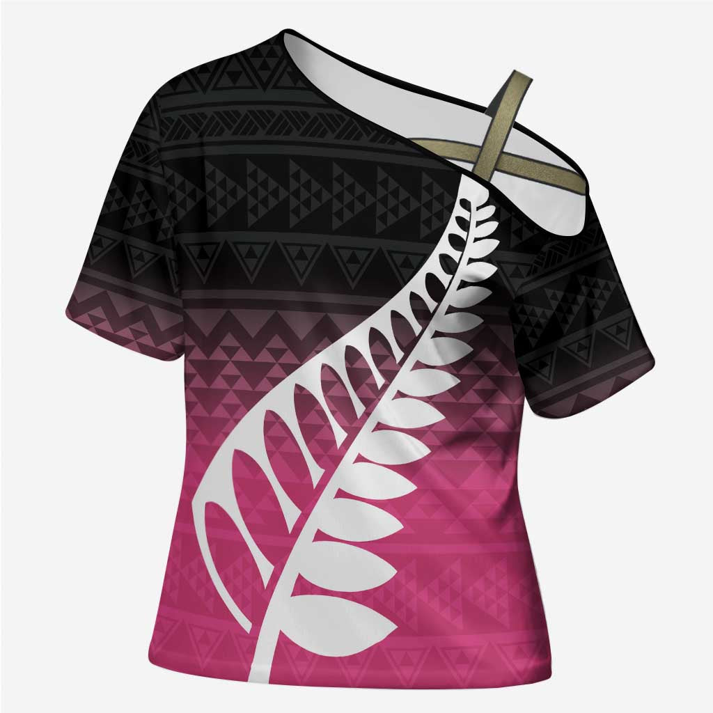 Pink Silver Fern Spirit Taniko Tukutuku Personalised Cross Shoulder Shirt - Aussie Hoodie