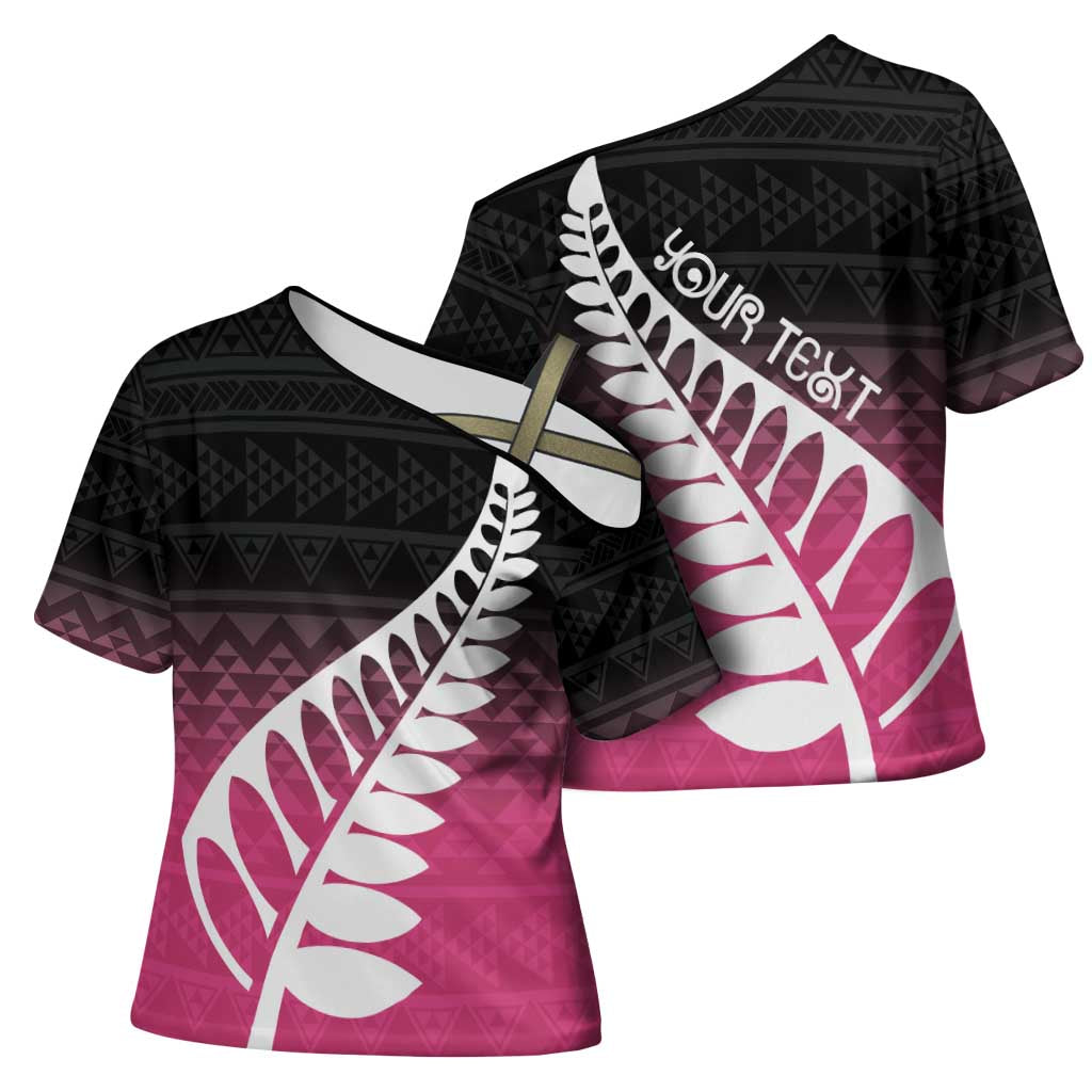 Pink Silver Fern Spirit Taniko Tukutuku Personalised Cross Shoulder Shirt - Aussie Hoodie