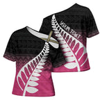 Pink Silver Fern Spirit Taniko Tukutuku Personalised Cross Shoulder Shirt - Aussie Hoodie