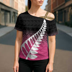 Pink Silver Fern Spirit Taniko Tukutuku Personalised Cross Shoulder Shirt - Aussie Hoodie