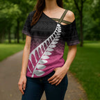 Pink Silver Fern Spirit Taniko Tukutuku Personalised Cross Shoulder Shirt - Aussie Hoodie